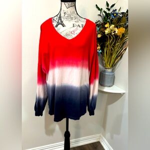 Spirited Patriotic Red, White and Blue V-Neck over sized  shirt Size Large